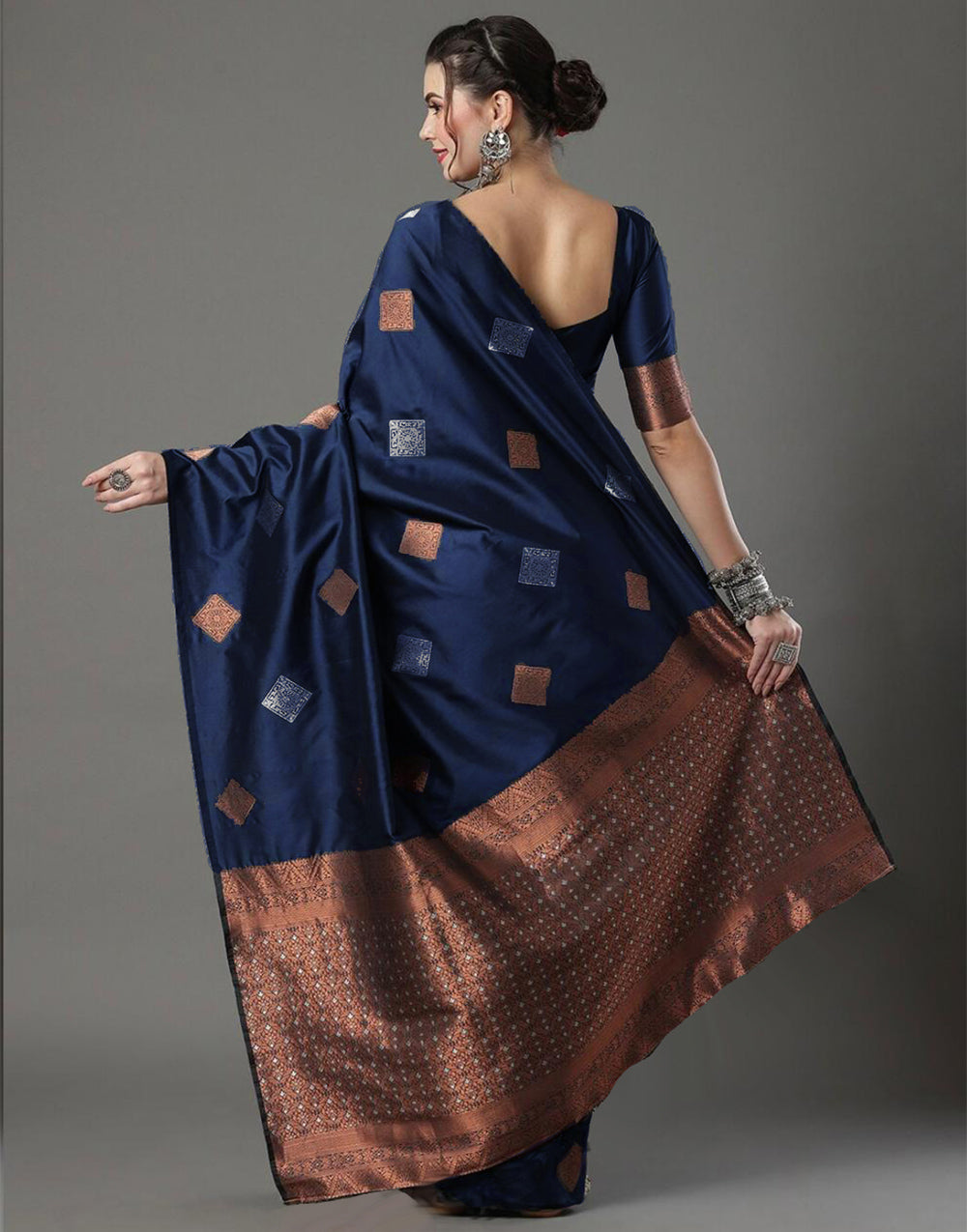 Navy Blue Banarasi Silk Saree With Weaving Work