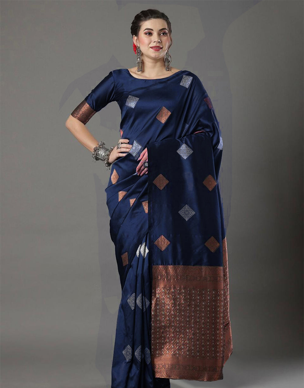 Navy Blue Banarasi Silk Saree With Weaving Work