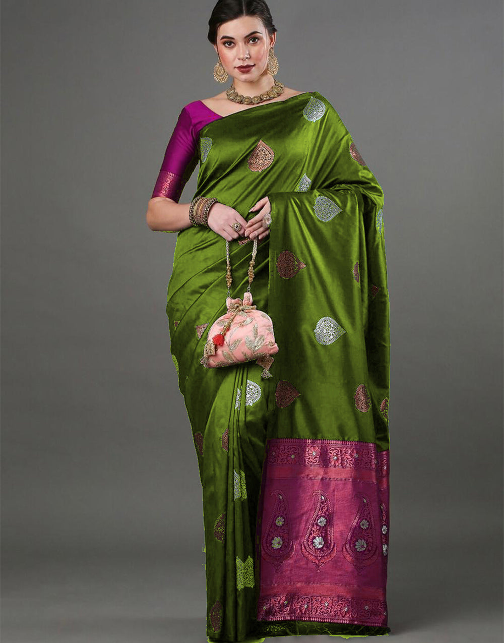 Mahendi Green Banarasi Soft Silk Saree With Weaving Work