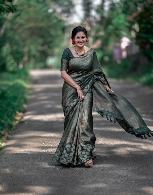 Green Banarasi Silk Saree With Zari Weaving Work