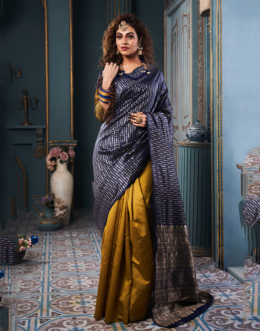 Navy Blue & Mustard Yellow Banarasi Silk Saree With Zari Weaving Work