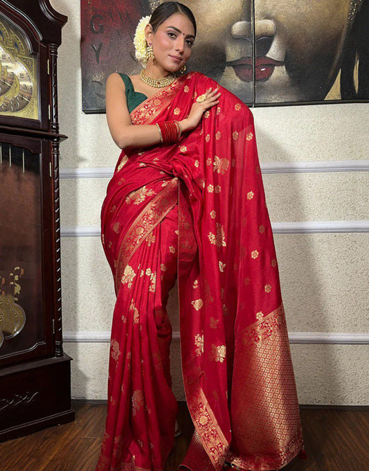 Dark Red Banarasi Silk Saree With Zari Weaving Work