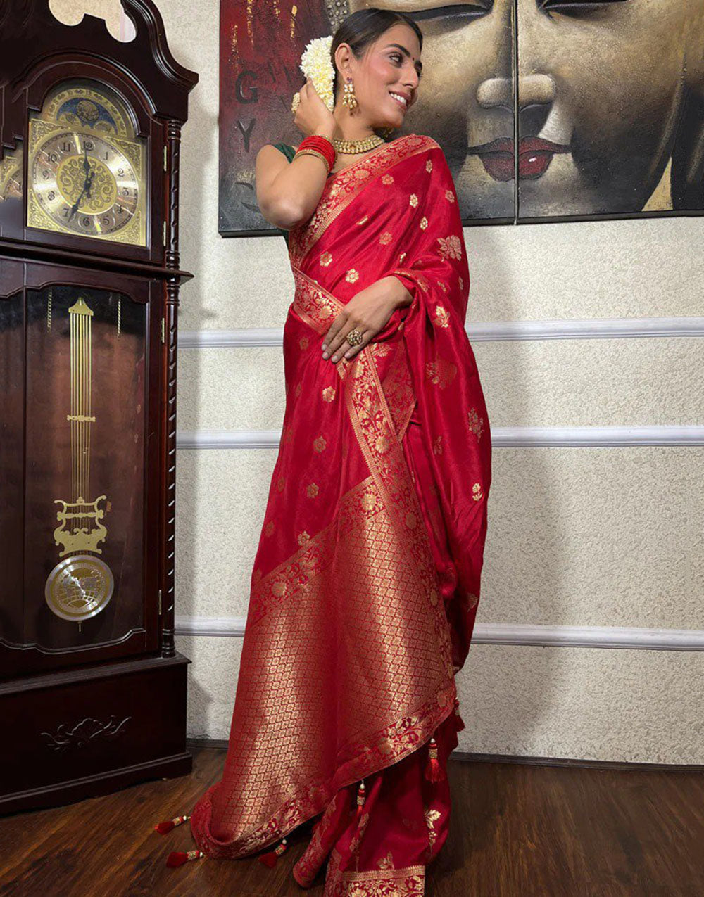 Dark Red Banarasi Silk Saree With Zari Weaving Work