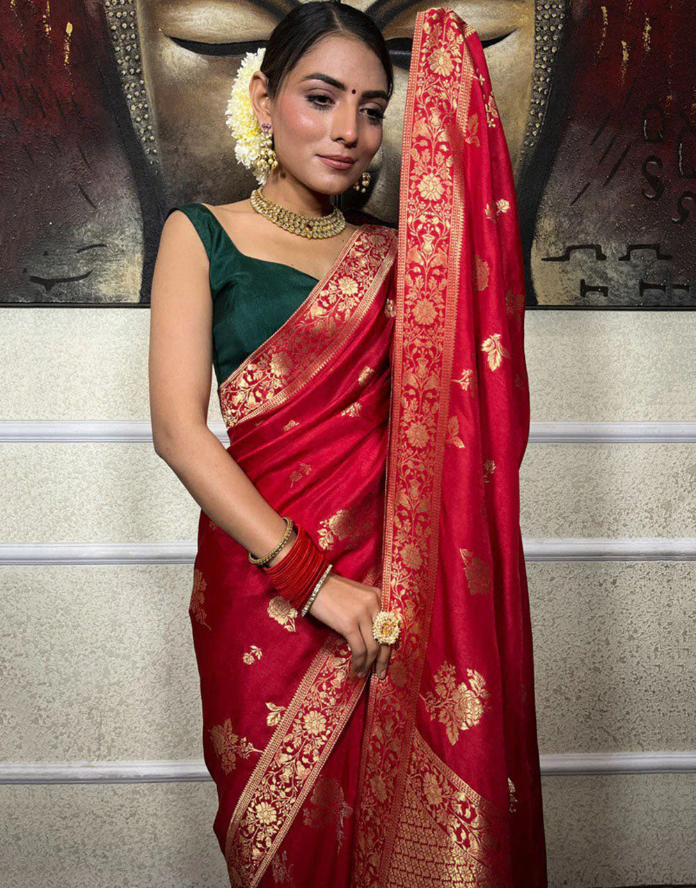 Dark Red Banarasi Silk Saree With Zari Weaving Work