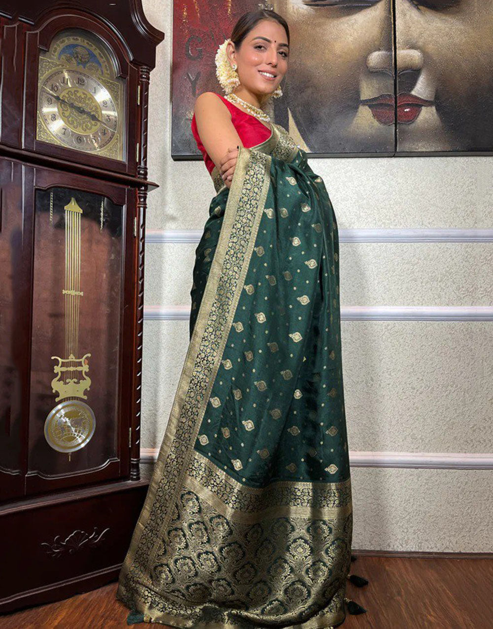 Dark Green Designer Banarasi Silk Saree With Zari Weaving Work