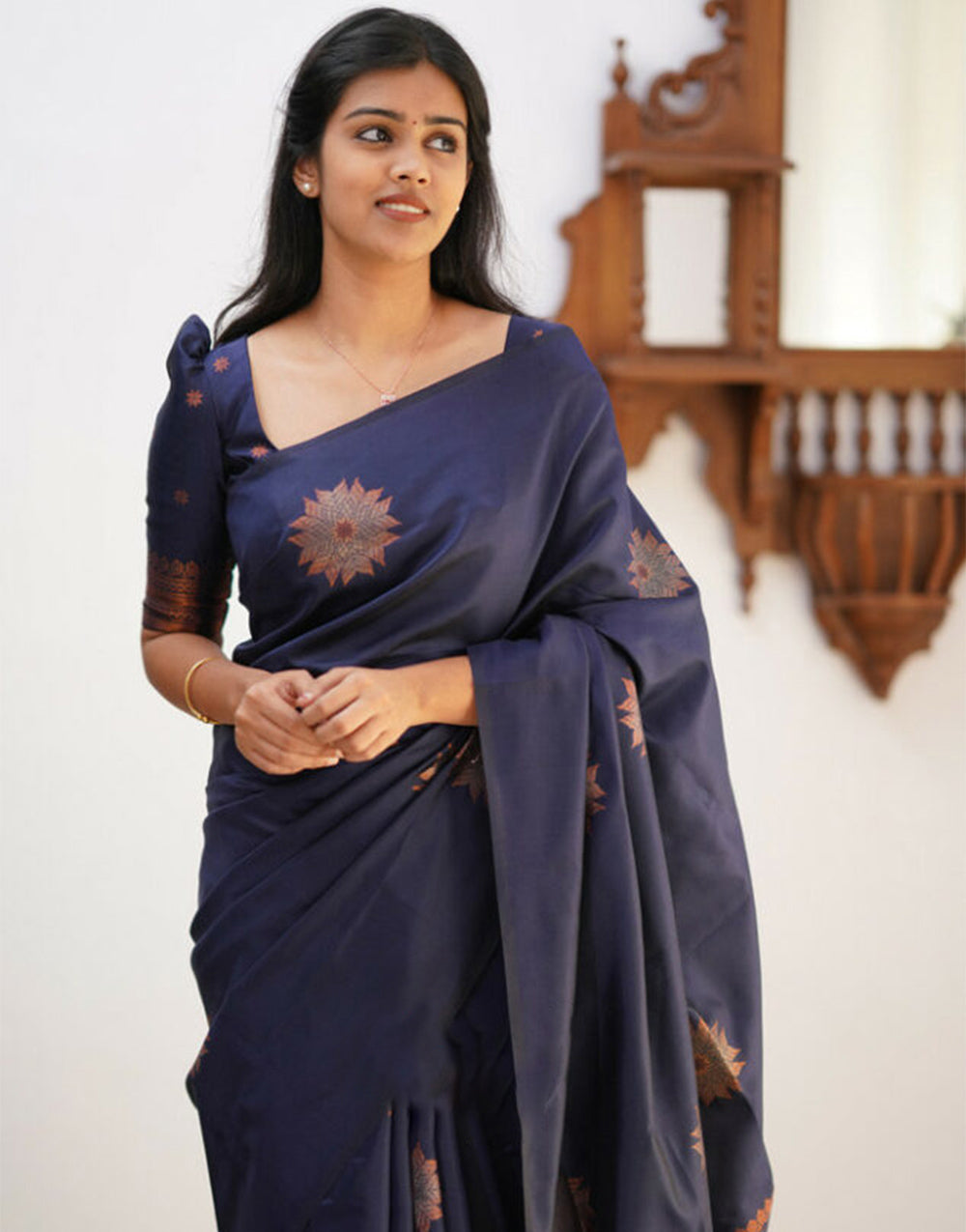 Navy Blue Banarasi Silk Saree With Weaving Work