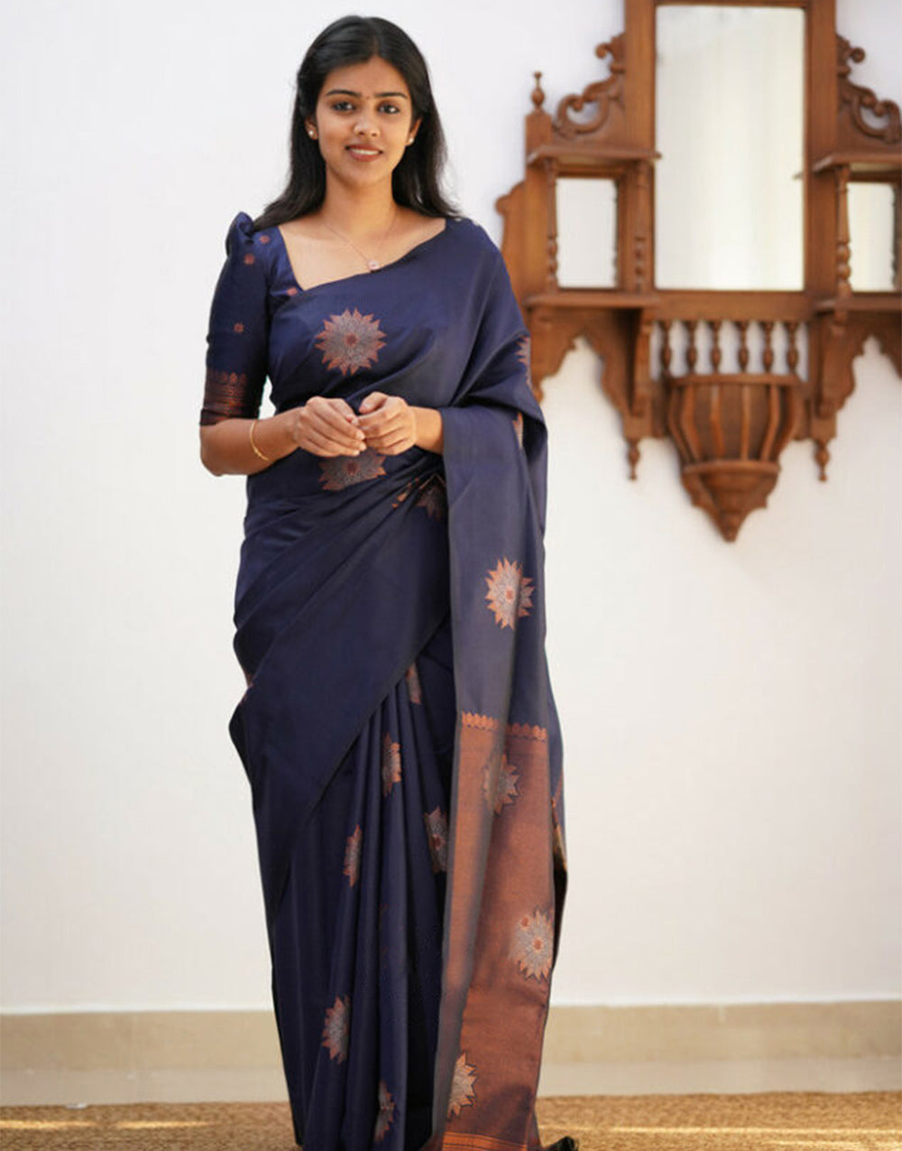 Navy Blue Banarasi Silk Saree With Weaving Work