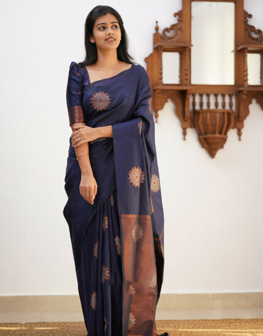 Navy Blue Banarasi Silk Saree With Weaving Work