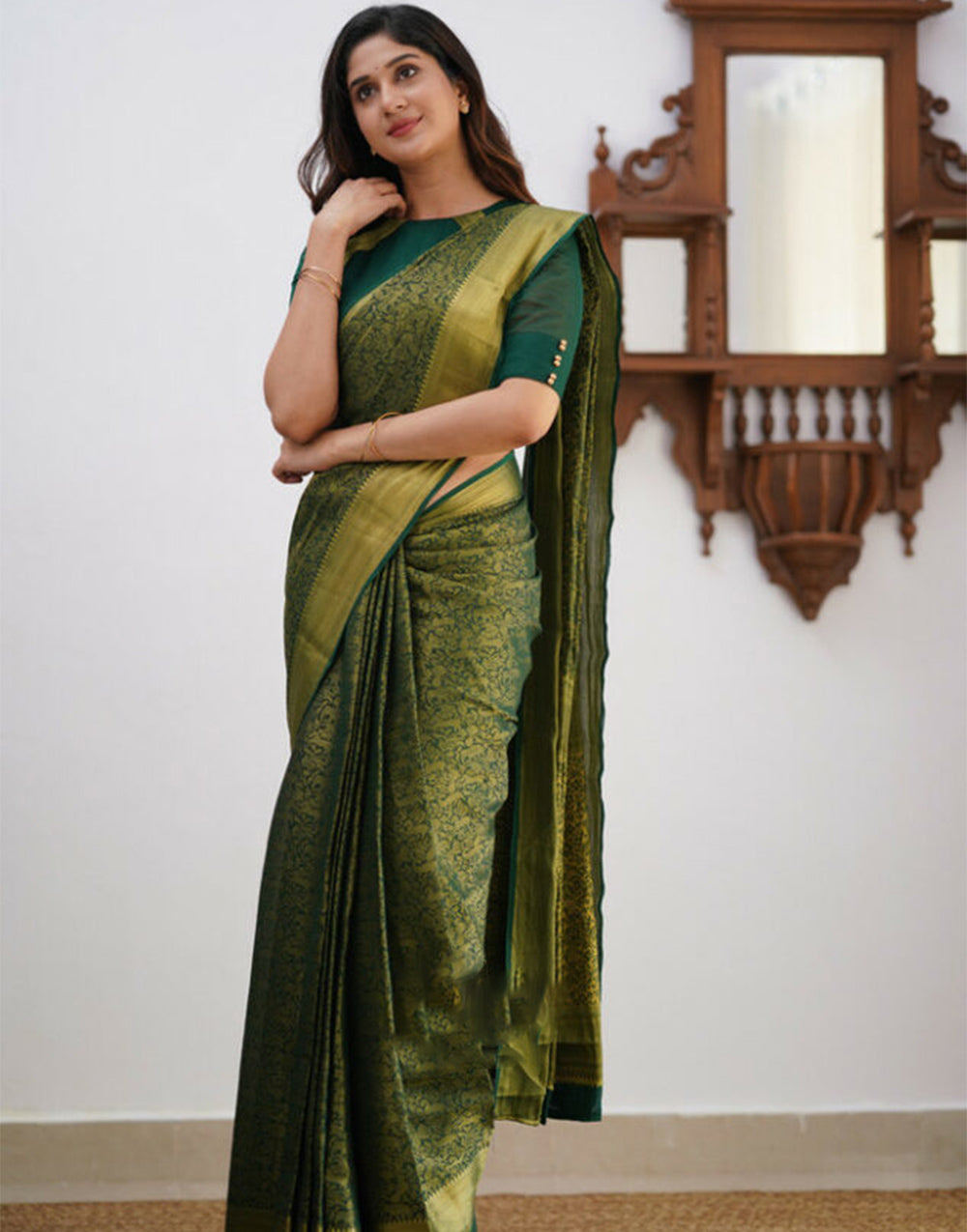 Dark Green Banarasi Soft Silk Saree With Weaving Work