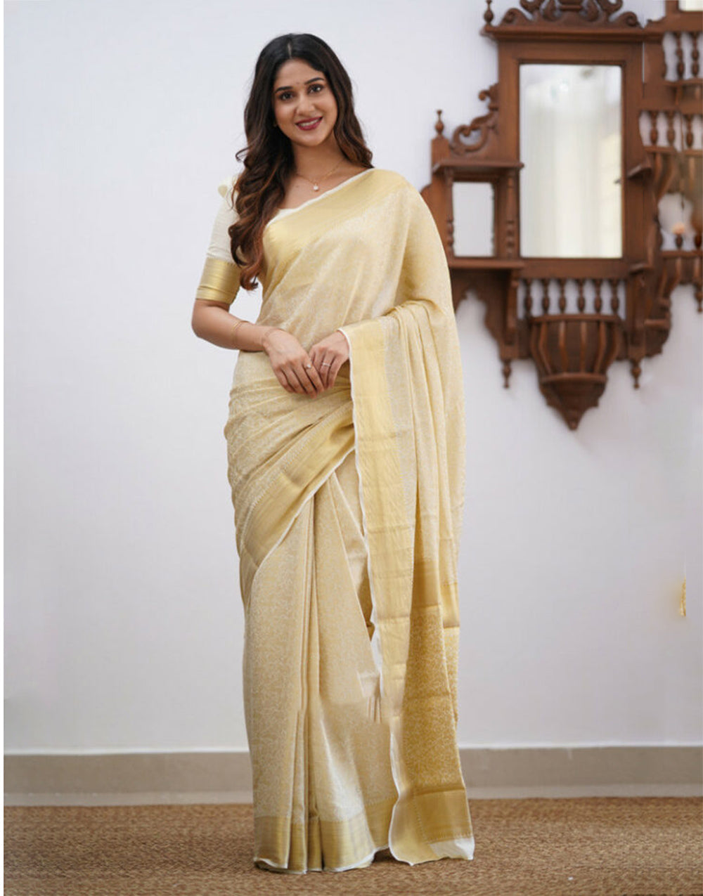 Light Cream Banarasi Soft Silk Saree With Weaving Work