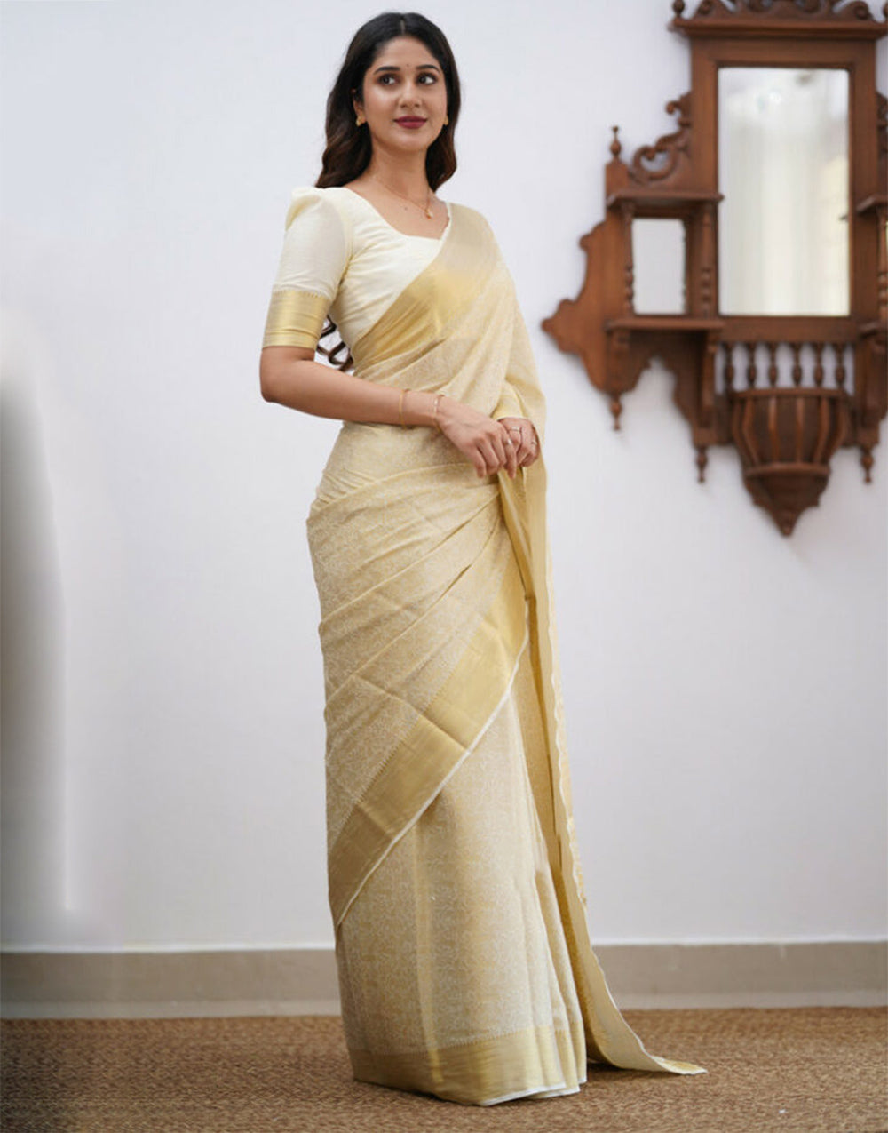 Light Cream Banarasi Soft Silk Saree With Weaving Work