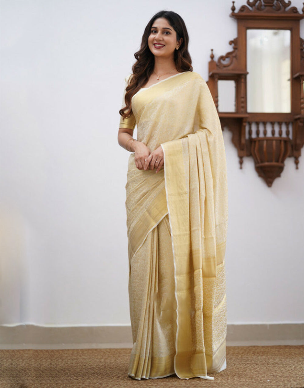 Light Cream Banarasi Soft Silk Saree With Weaving Work