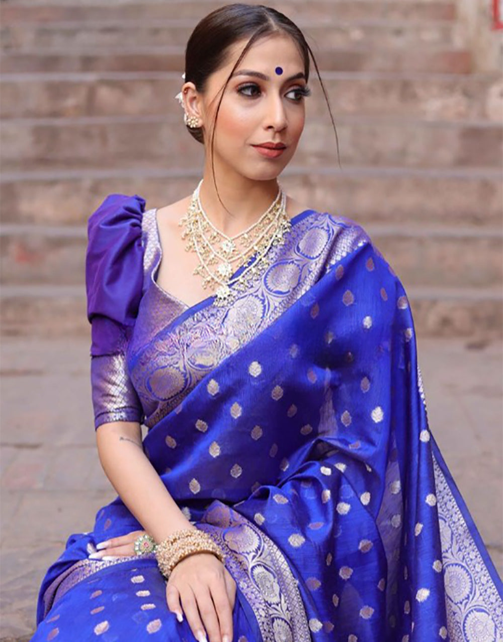 Blue Banarasi Silk Saree With Zari Weaving Work