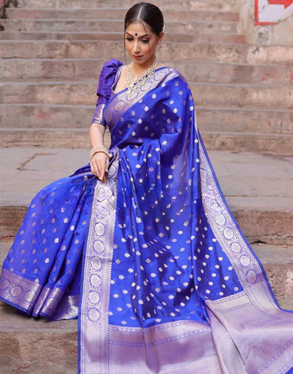 Blue Banarasi Silk Saree With Zari Weaving Work