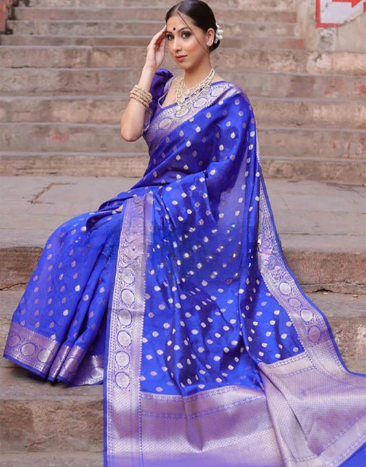 Blue Banarasi Silk Saree With Zari Weaving Work