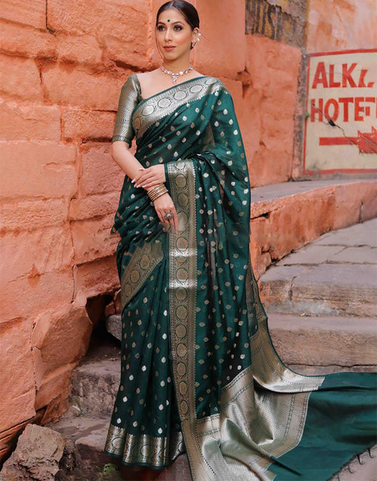 Green Banarasi Silk Saree With Zari Weaving Work