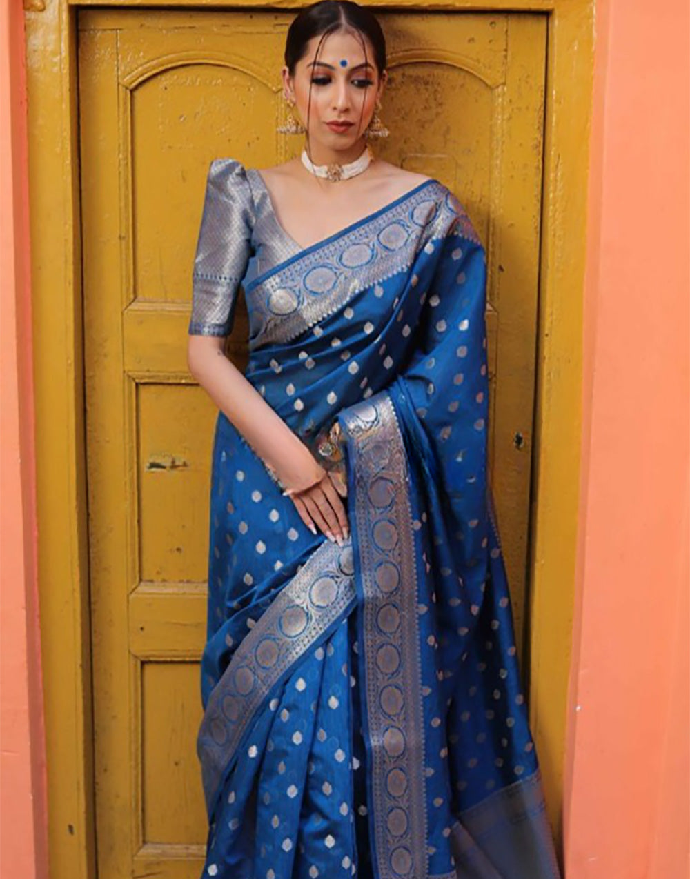 Blue Banarasi Silk Saree With Zari Weaving Work