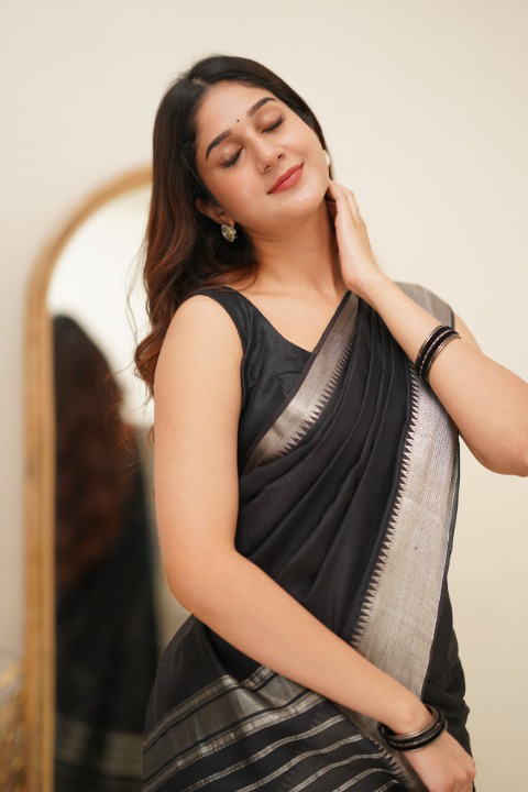 Black Cotton Soft Silk Saree With Weaving Work