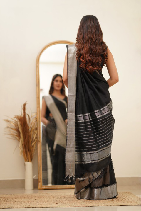 Black Cotton Soft Silk Saree With Weaving Work