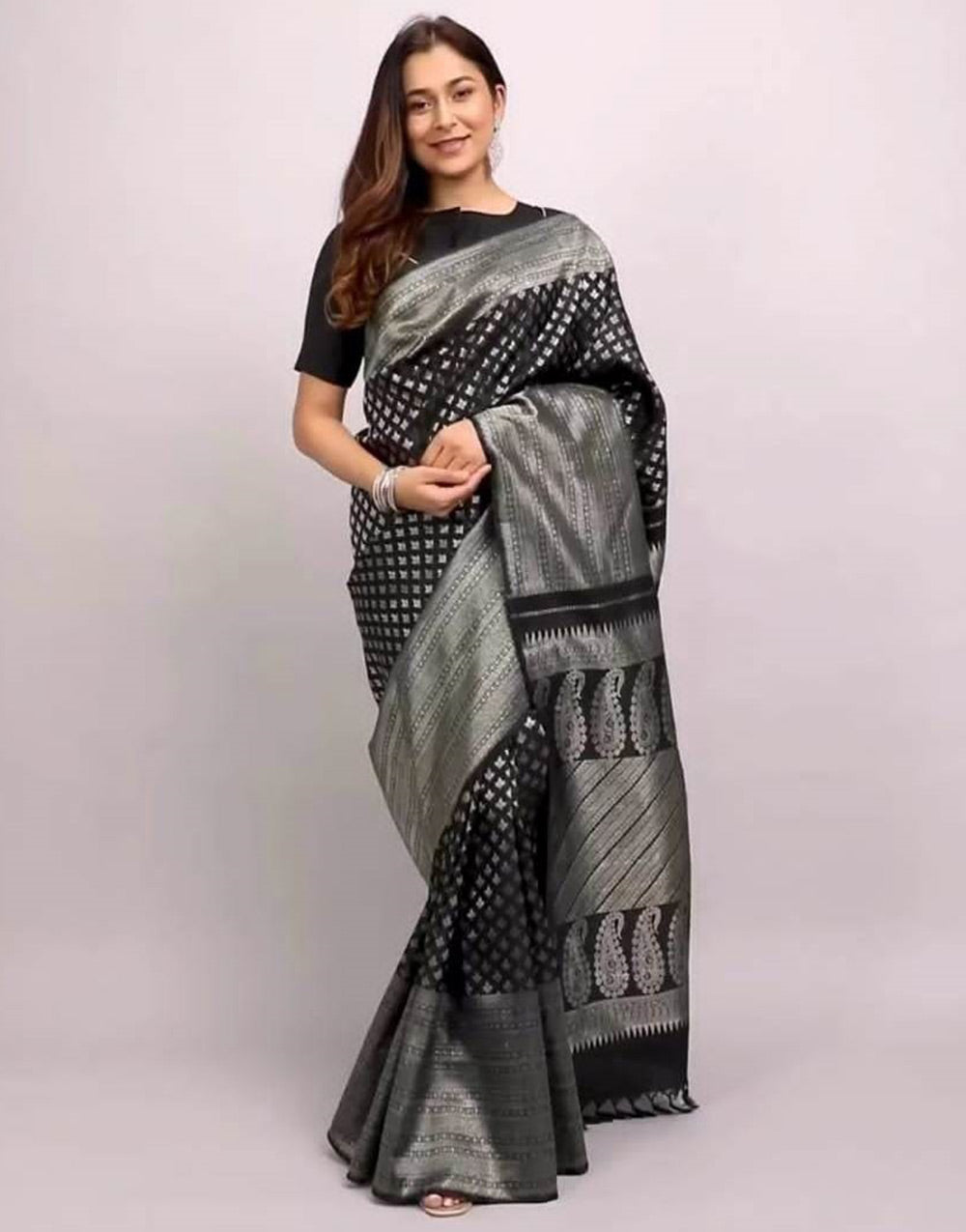 Black Banarasi Soft Silk Saree With Zari Weaving Work