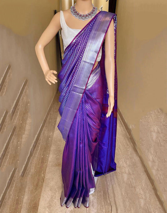 Dark Purple Banarasi Soft Silk Saree With Zari Weaving Work