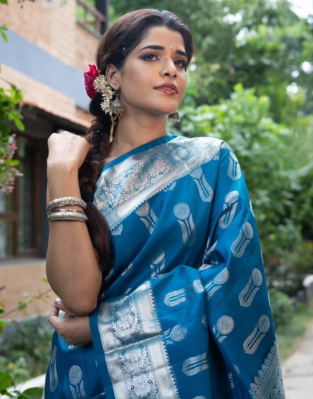 Cerulean Blue Banarasi Soft Silk Saree With Zari Weaving Work