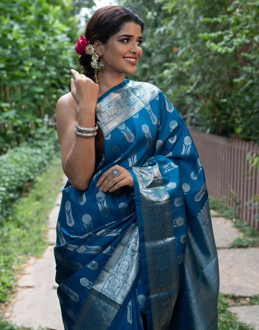 Cerulean Blue Banarasi Soft Silk Saree With Zari Weaving Work