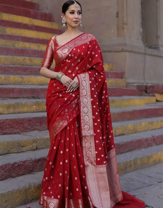 Dark Red Banarasi Silk Saree With Zari Weaving Work