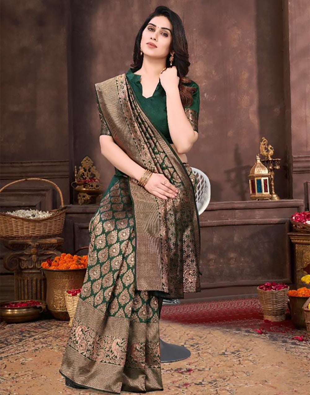 Green Banarasi Silk Saree With Zari Weaving Work