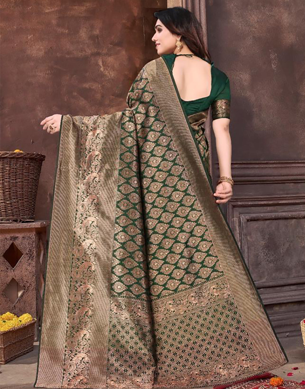 Green Banarasi Silk Saree With Zari Weaving Work