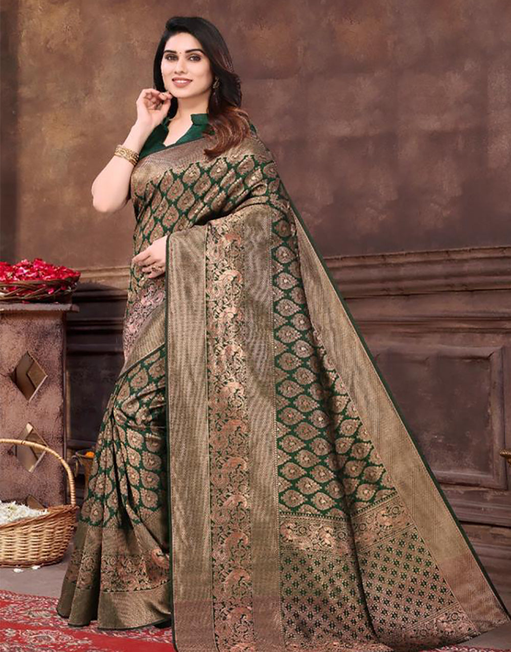 Green Banarasi Silk Saree With Zari Weaving Work