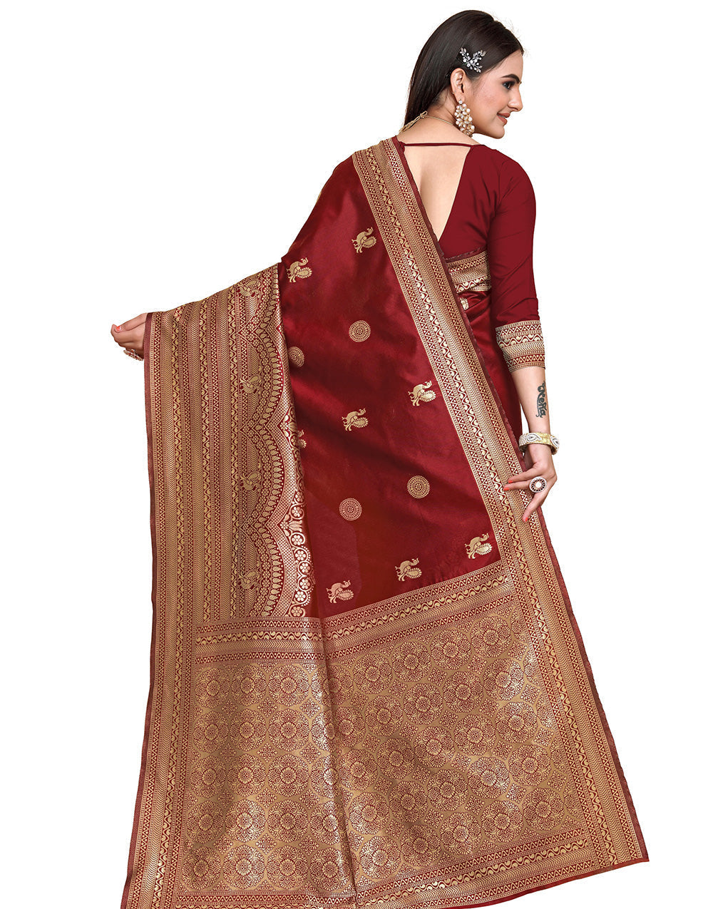 Maroon Banarasi Silk Saree With Golden Weaving Work