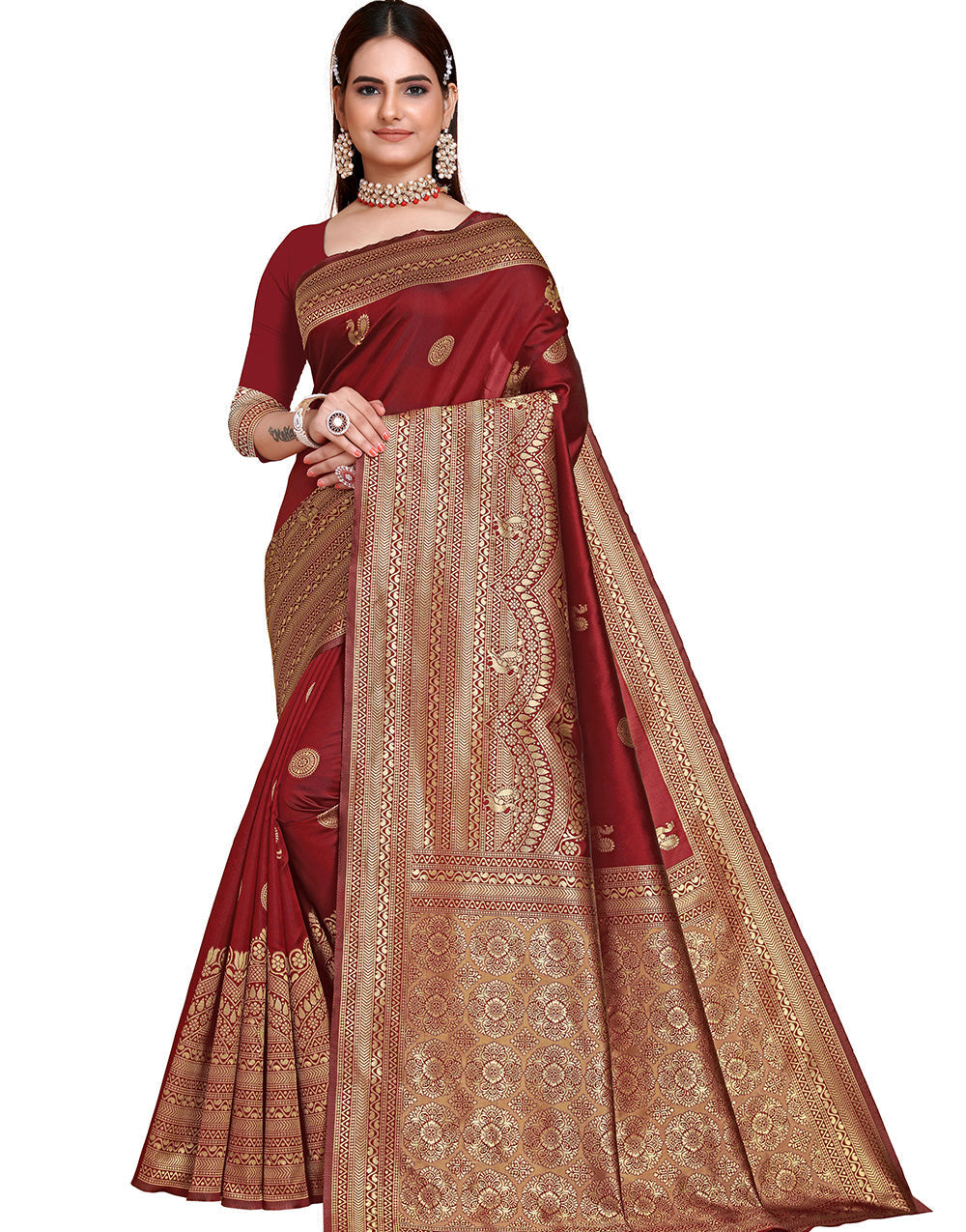 Maroon Banarasi Silk Saree With Golden Weaving Work