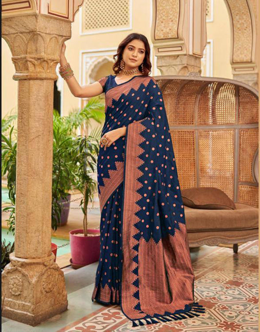 Navy Blue Banarasi Silk Saree With Zari Weaving Work