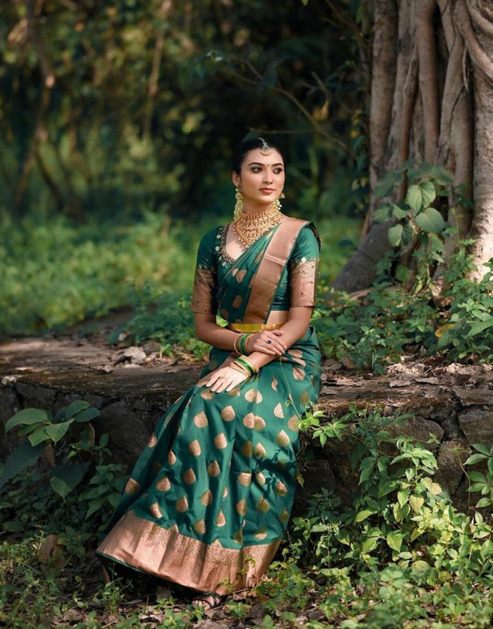 Green Banarasi Silk Saree With Copper Zari Weaving Work