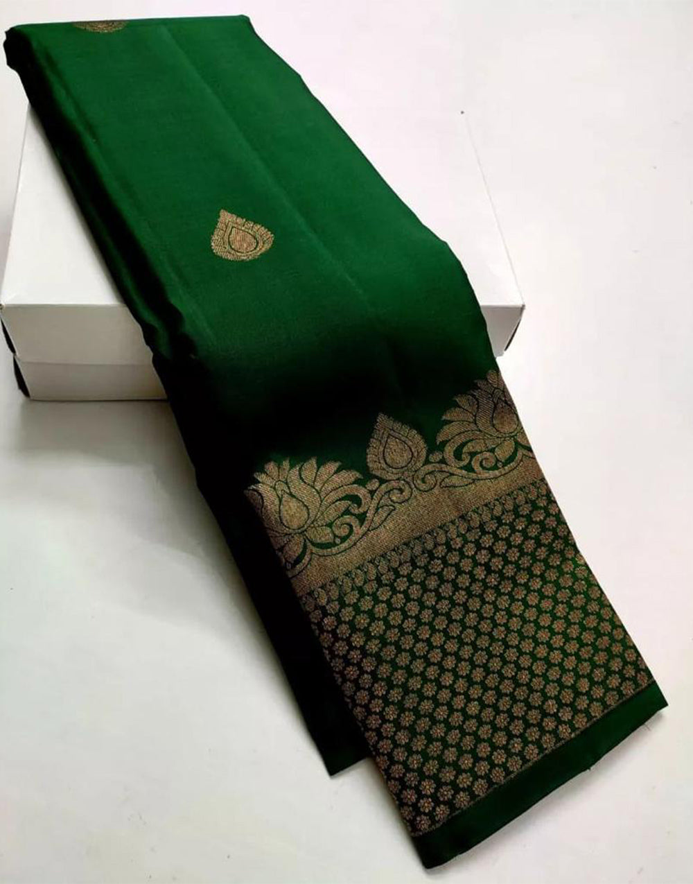 Dark Green Banarasi Soft Silk Saree With Zari Weaving Work