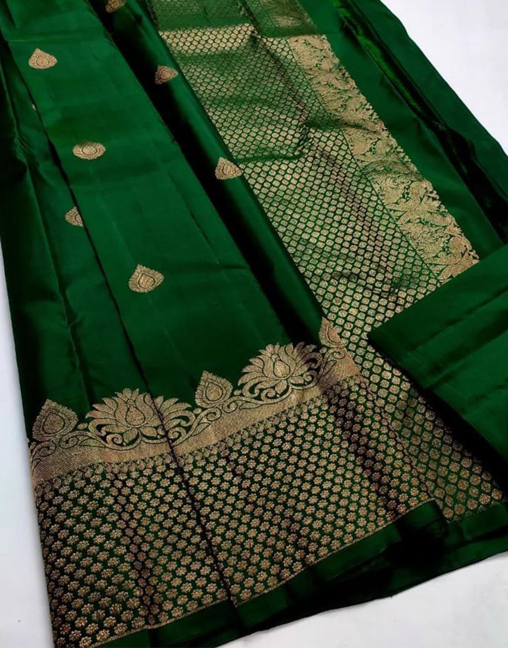 Dark Green Banarasi Soft Silk Saree With Zari Weaving Work