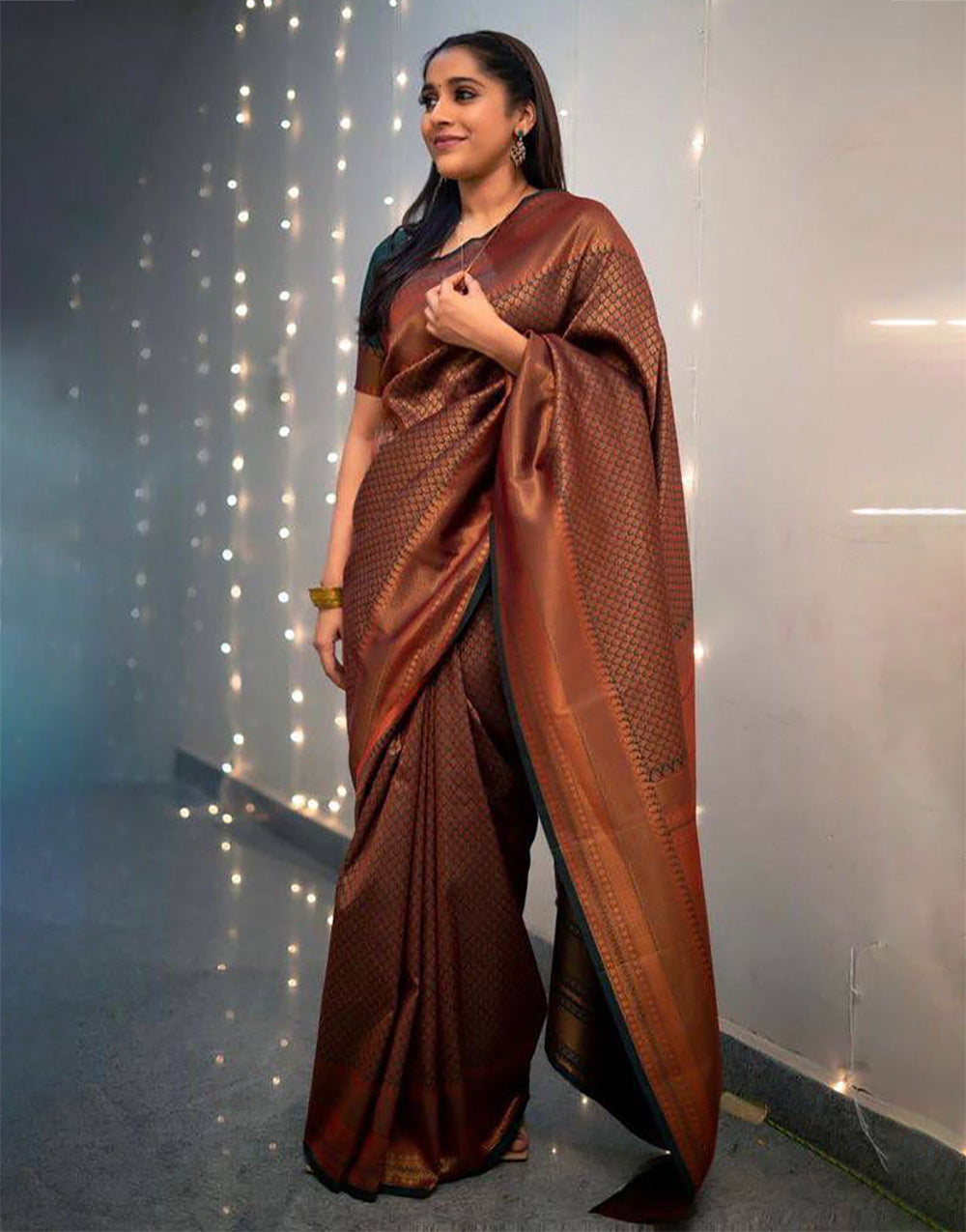 Chocolate Brown Banarasi Silk Saree With Copper Zari Weaving Work