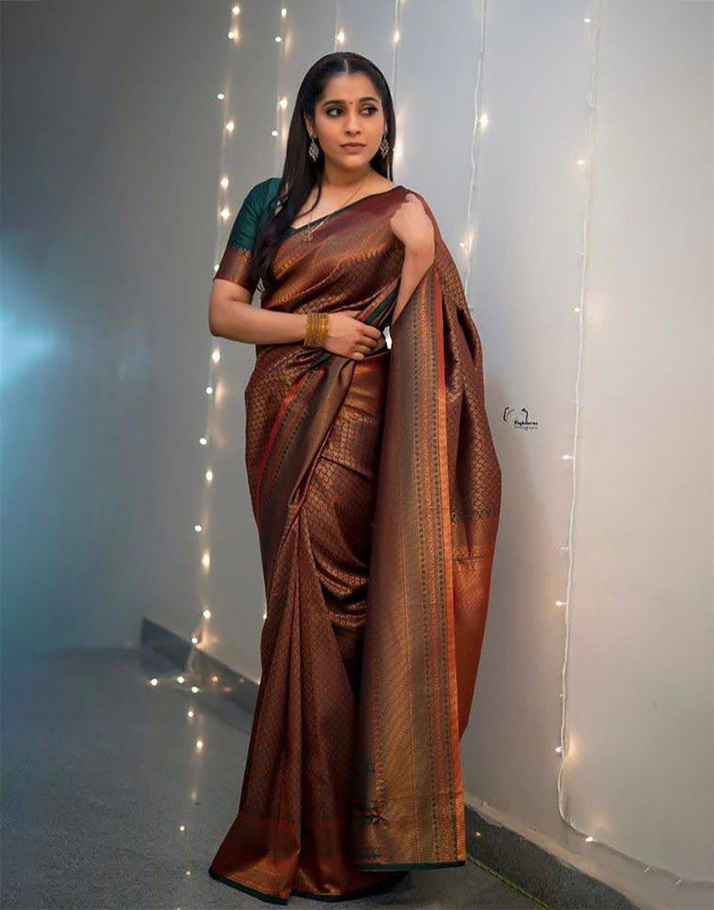 Chocolate Brown Banarasi Silk Saree With Copper Zari Weaving Work