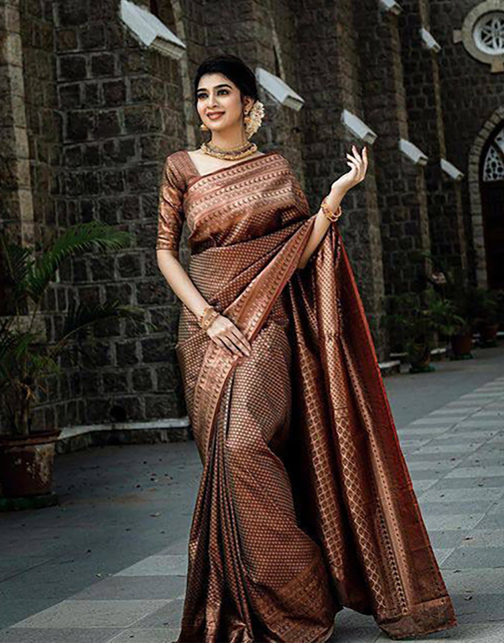 Brown Banarasi Soft Silk Saree With Zari Weaving Work