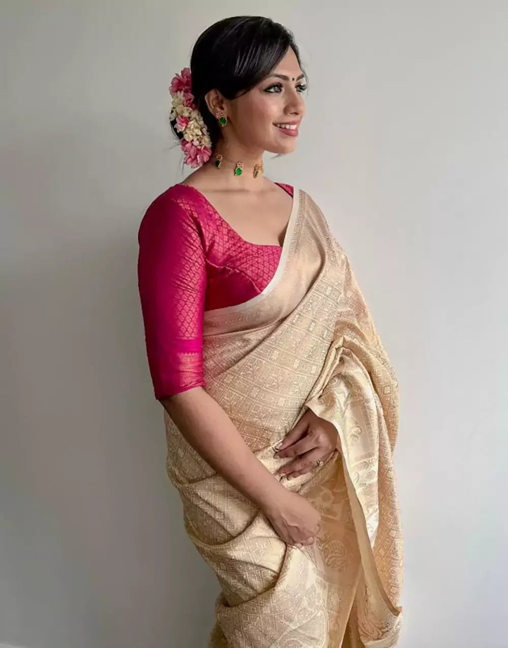 Cream Colour Banarasi Soft Silk Saree With Pink Blouse