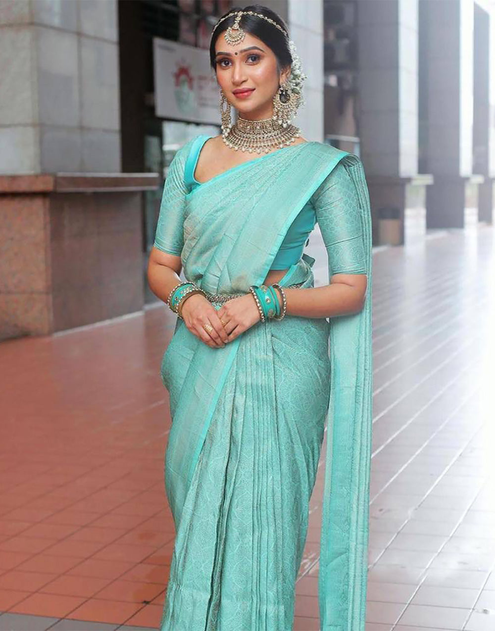 Cyan Blue Banarasi Silk Saree With Weaving Work