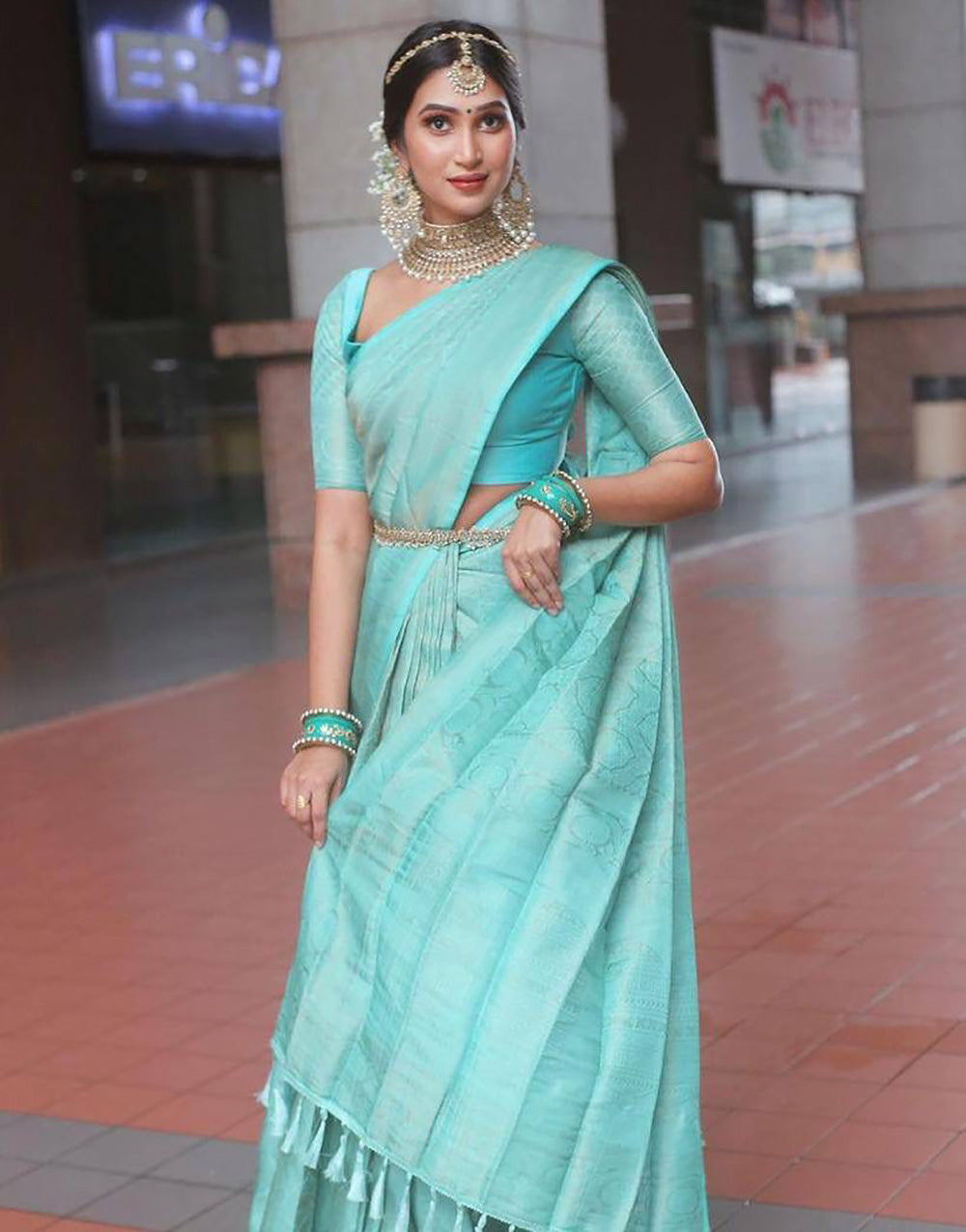 Cyan Blue Banarasi Silk Saree With Weaving Work