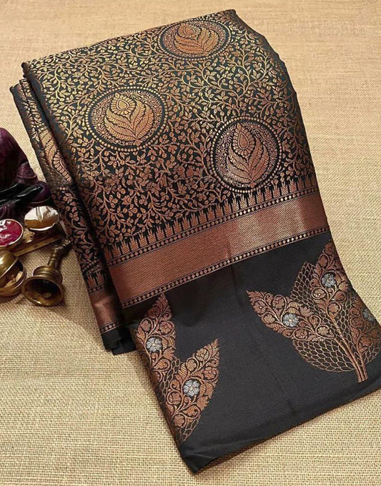 Black Kanjivaram Silk Saree With Weaving Border