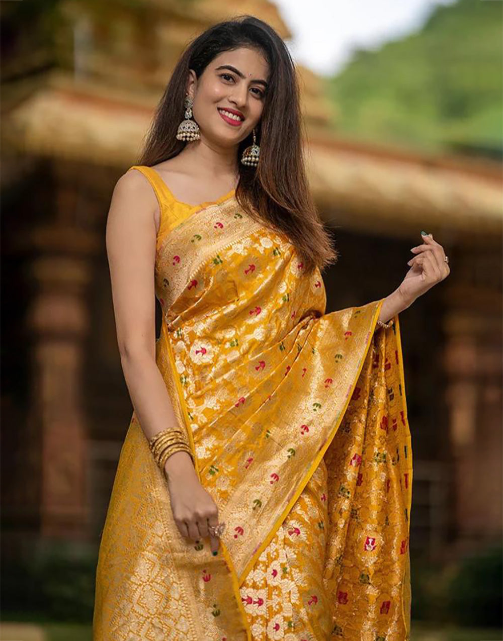 Dark Yellow Banarasi Soft Silk Saree With Weaving Work