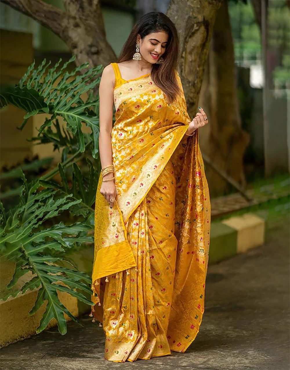 Dark Yellow Banarasi Soft Silk Saree With Weaving Work