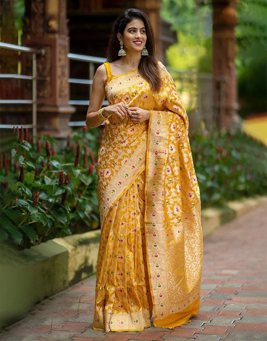 Dark Yellow Banarasi Soft Silk Saree With Weaving Work