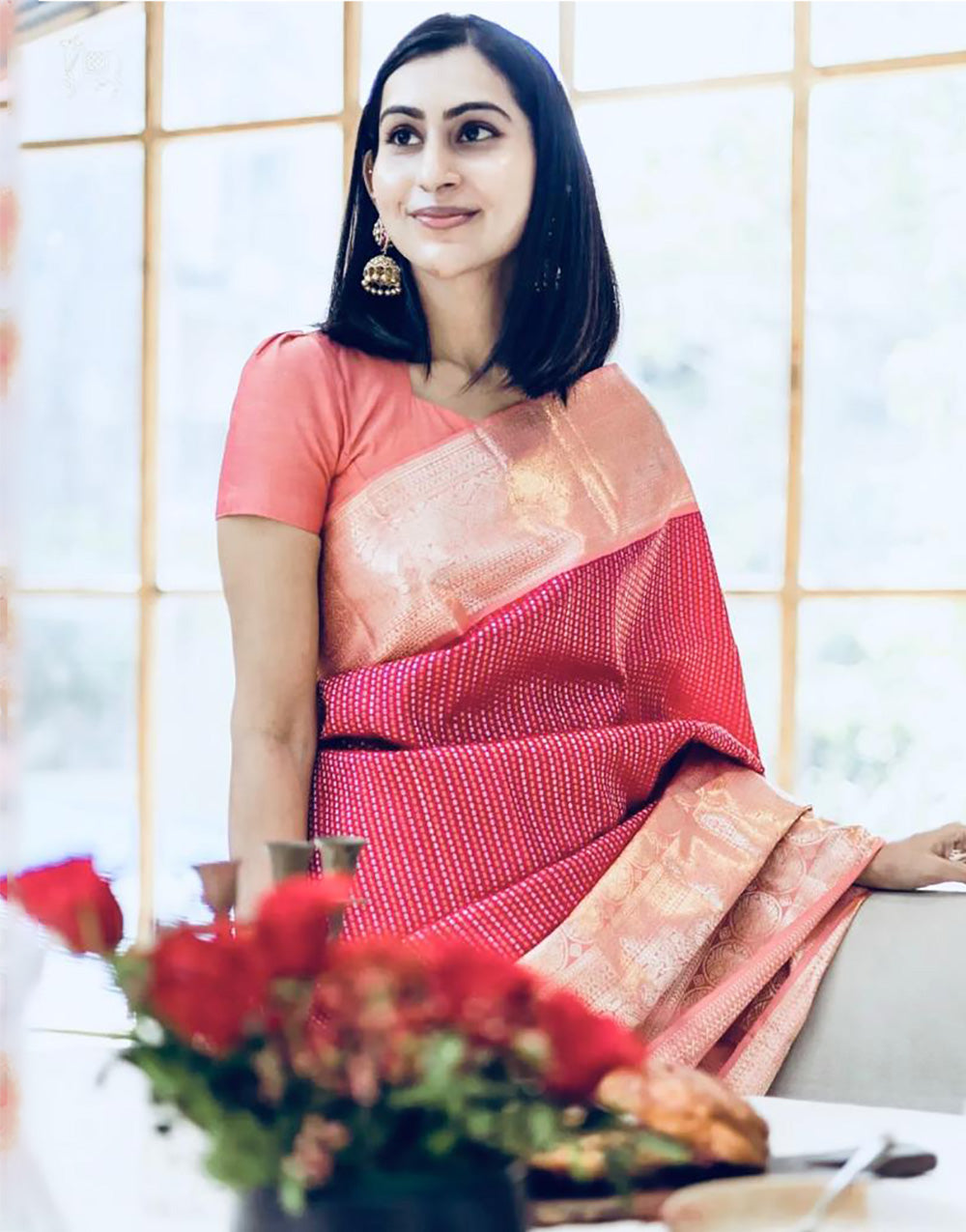 Dark Pink & Peach Banarasi Silk Saree With Weaving Work