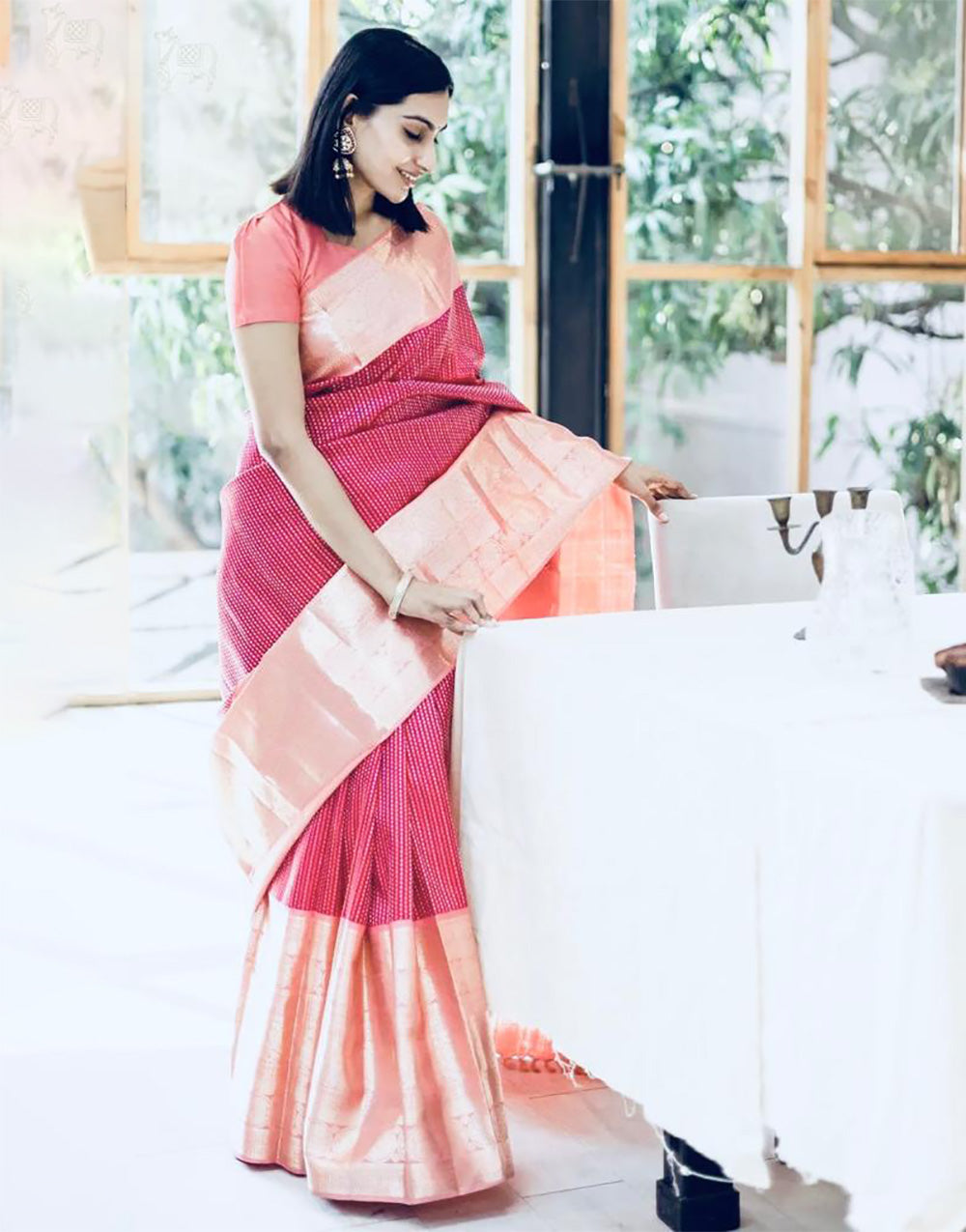 Dark Pink & Peach Banarasi Silk Saree With Weaving Work