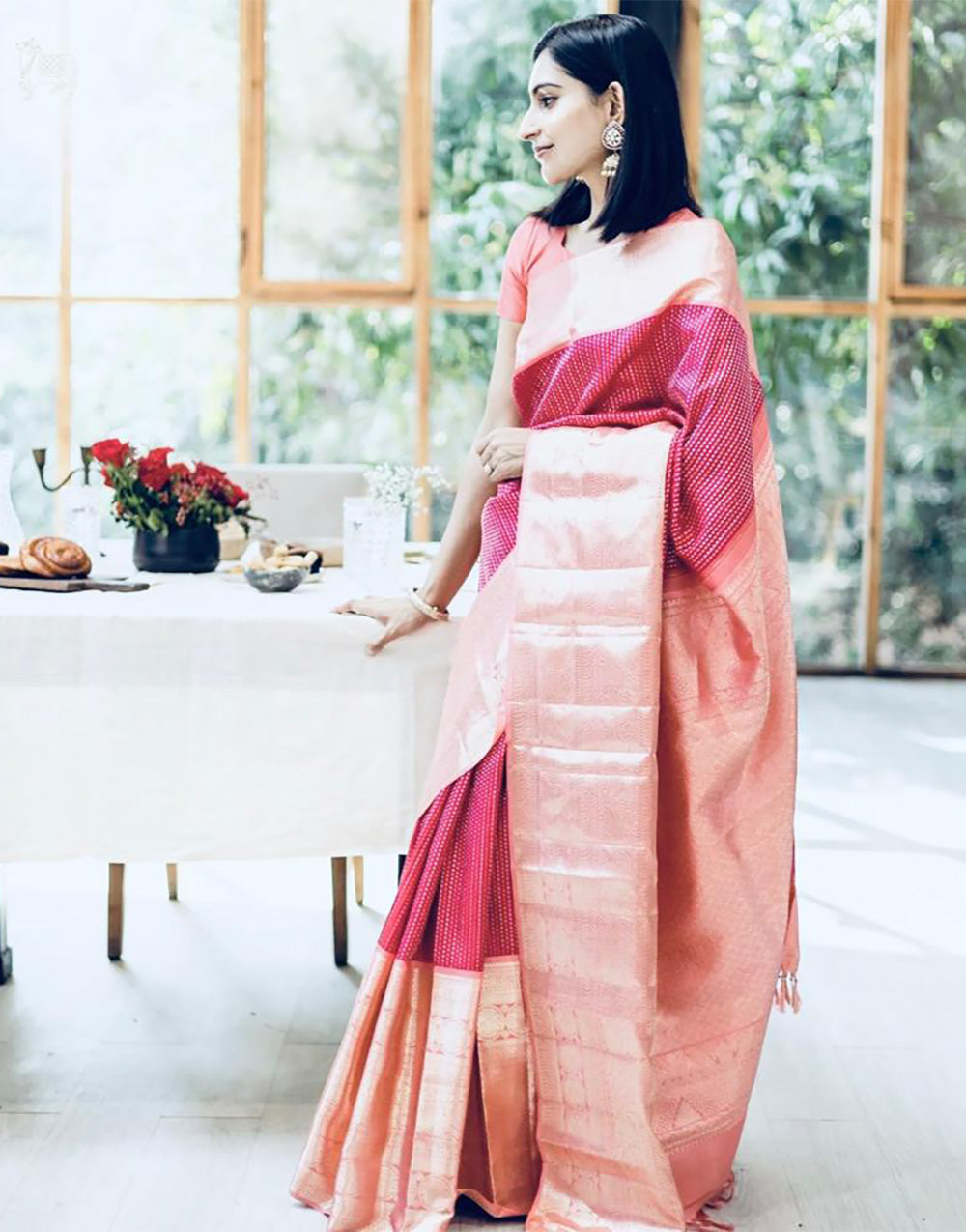 Dark Pink & Peach Banarasi Silk Saree With Weaving Work